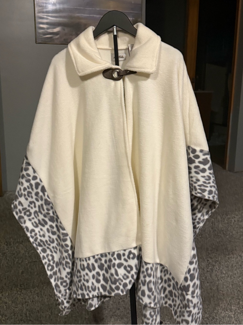 Cream Poncho with Gray Leopard Trim